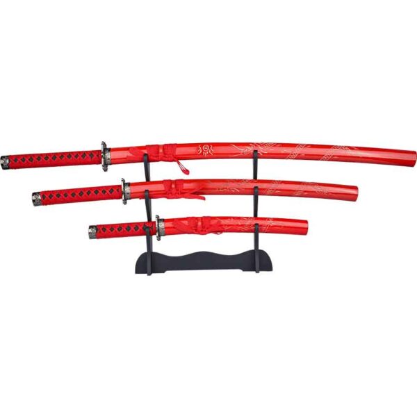 Carved Dragon Red Saya Sword Set